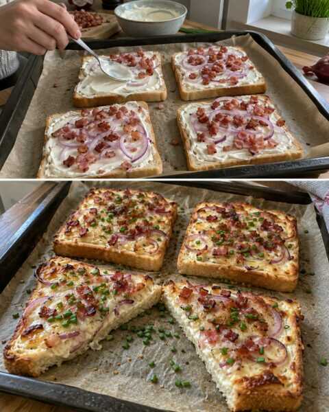 Flammkuchen-Toast mit Schmand und knusprigen Rändern