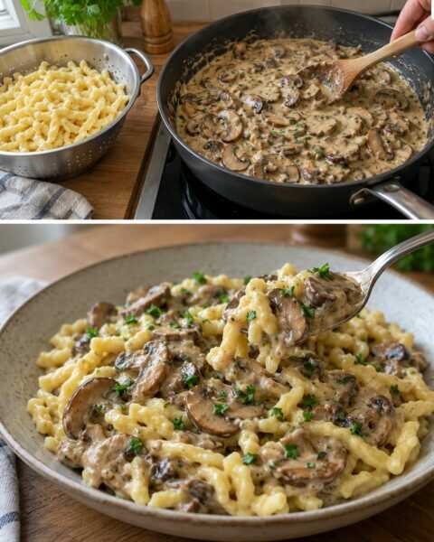 Pilz-Spätzle-Pfanne: cremig mit braunen Champignons