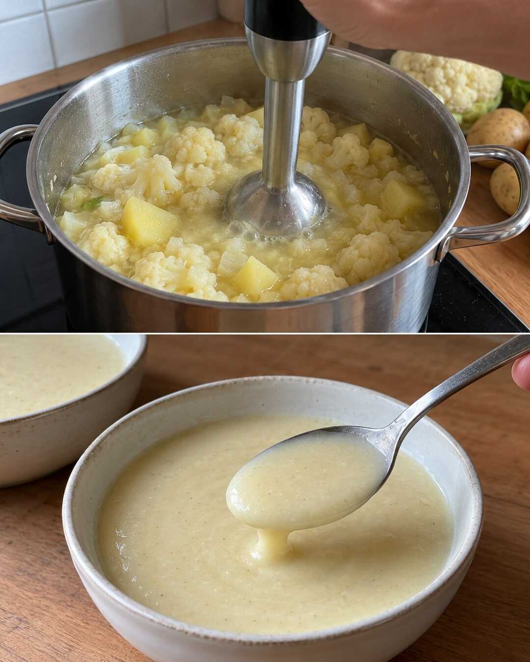 Cremige Blumenkohlsuppe mit Kartoffeln – Vorbereitung und fertiges Gericht