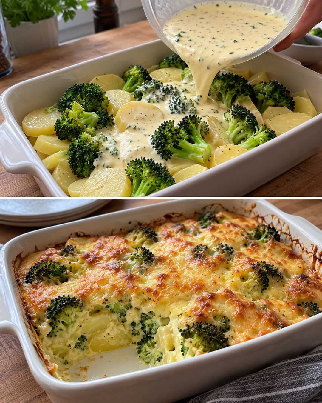 Brokkoli-Kartoffel-Auflauf mit würzigem Käse – Vorbereitung und fertiges Gericht