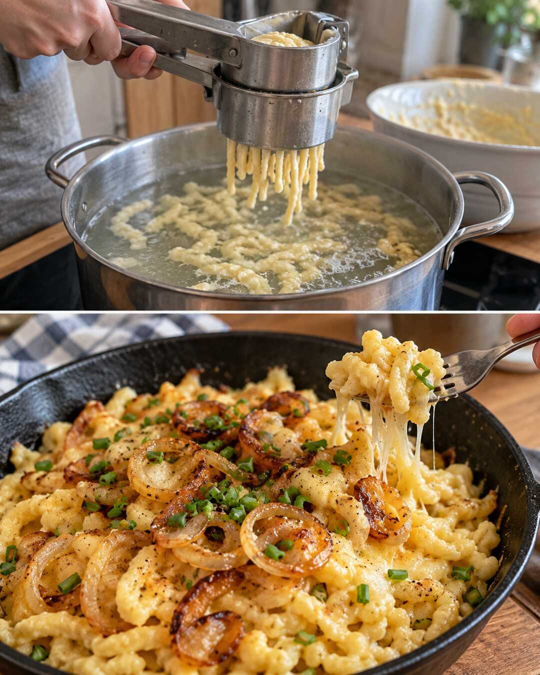 Käsespätzle mit langsam gebräunten Zwiebeln – Vorbereitung und fertiges Gericht