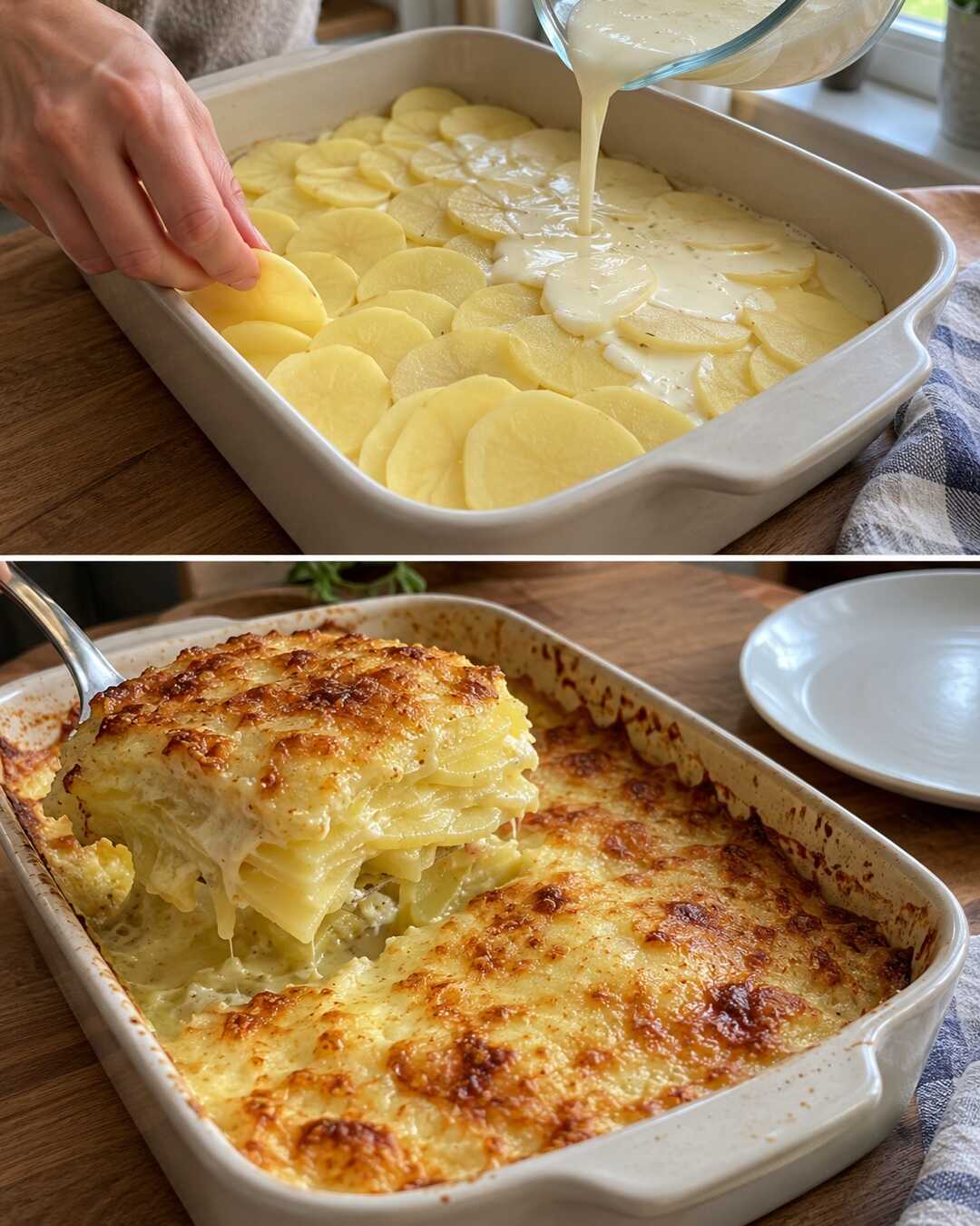 Kartoffelgratin mit goldbrauner KĂ€sekruste â Vorbereitung und fertiges Gericht