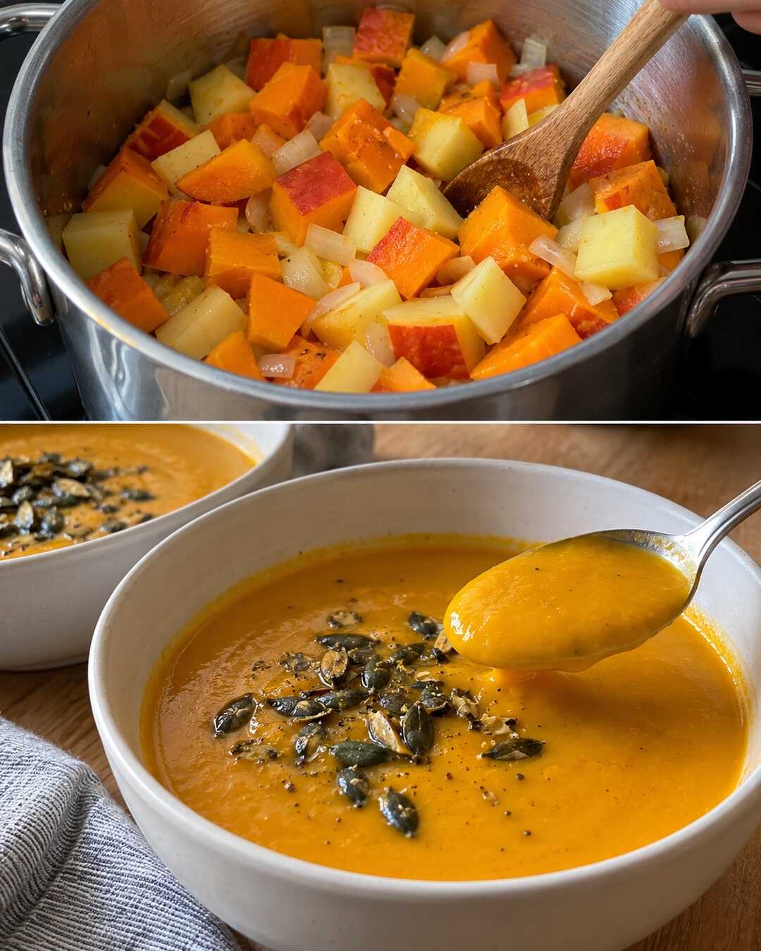 Cremige Kürbissuppe mit mildem Ingwer – Vorbereitung und fertiges Gericht