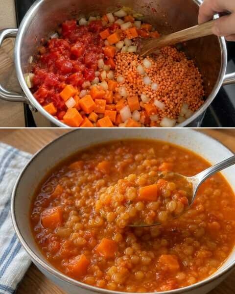 Rote Linsensuppe mit Tomaten und Möhren