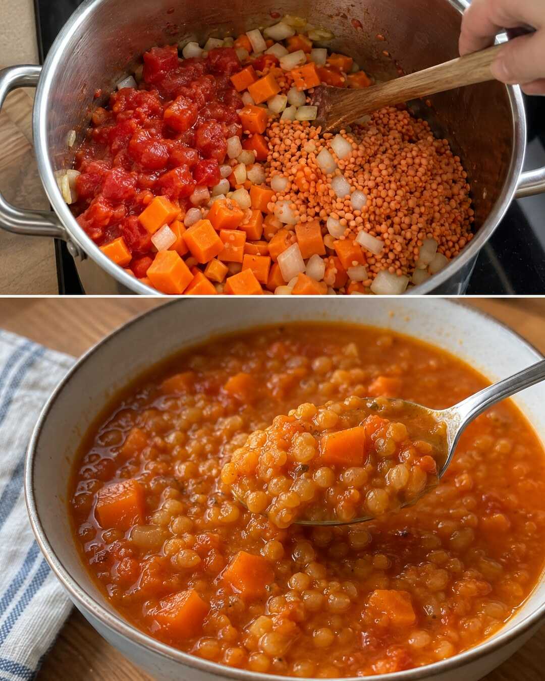Rote Linsensuppe mit Tomaten und Möhren â Vorbereitung und fertiges Gericht