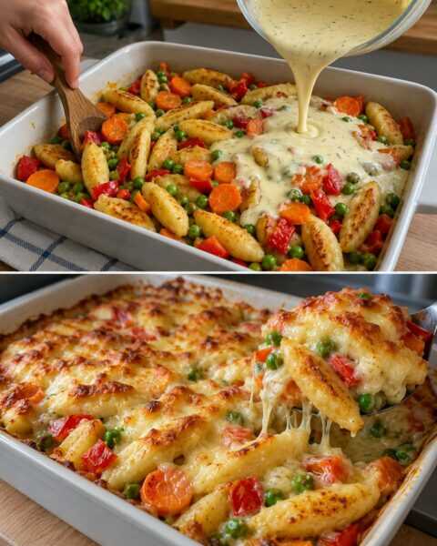 Schupfnudelauflauf mit buntem Gemüse und Käse
