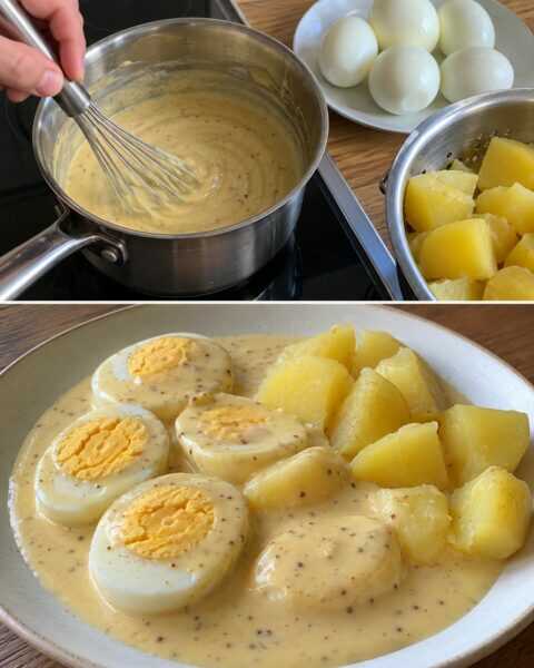 Senfeier mit cremiger Soße und Kartoffeln