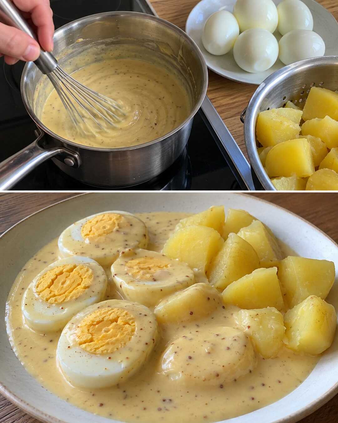 Senfeier mit cremiger Soße und Kartoffeln – Vorbereitung und fertiges Gericht