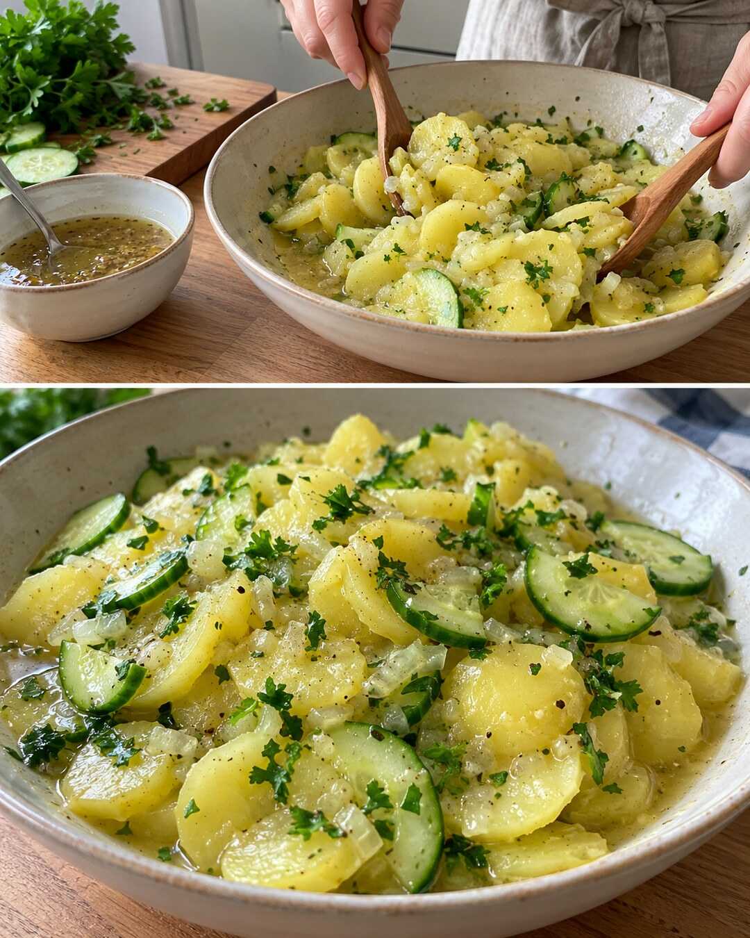 Kartoffel-Gurken-Salat mit warmer Brühe – Vorbereitung und fertiges Gericht