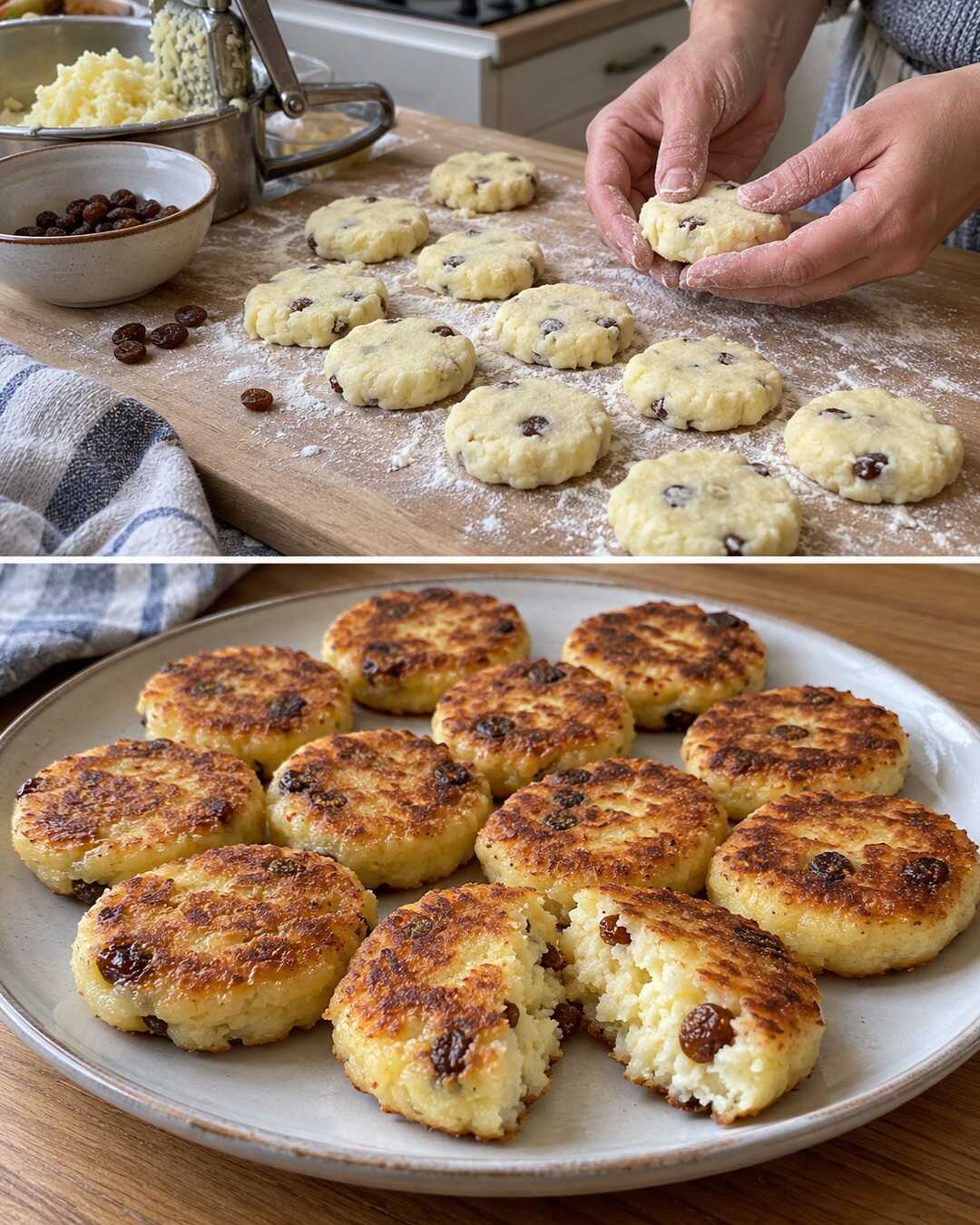 Goldbraune Quarkkeulchen mit Kartoffelteig â Vorbereitung und fertiges Gericht