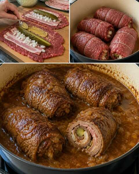 Rinderrouladen mit Senf, Gurke und kräftiger Soße