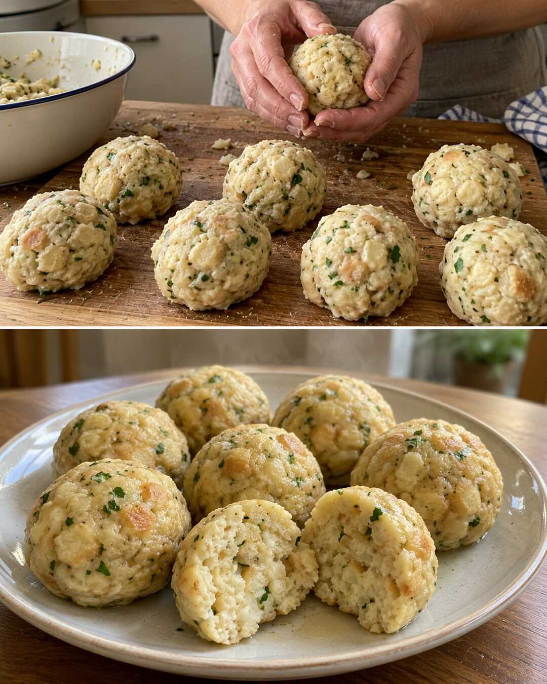 Lockere Semmelknödel aus Brötchen vom Vortag – Vorbereitung und fertiges Gericht