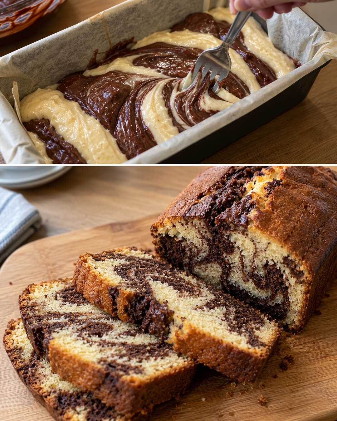 Marmorkuchen mit lockerem Schoko-Vanille-Teig â Vorbereitung und fertiges Gericht