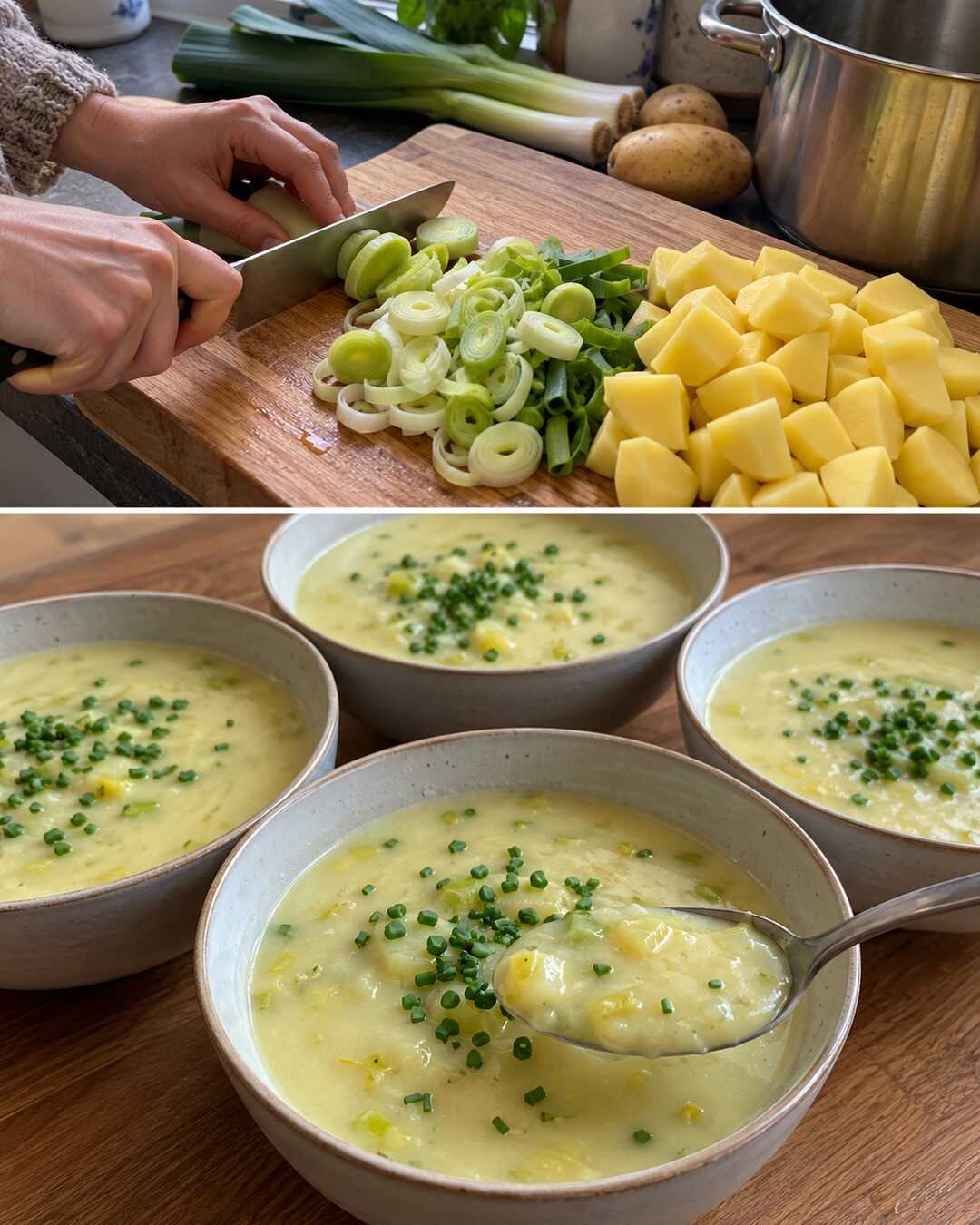 Kartoffel-Lauch-Suppe: cremig aus einem Topf – illustrative Darstellung von Vorbereitung und Ergebnis