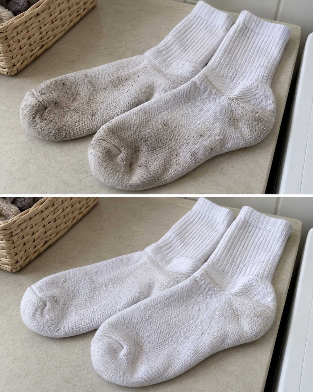 Graue Sohlen an weißen Socken? So behandelst du Alltagsschmutz vor dem Waschen – illustrative Vorher-nachher-Darstellung