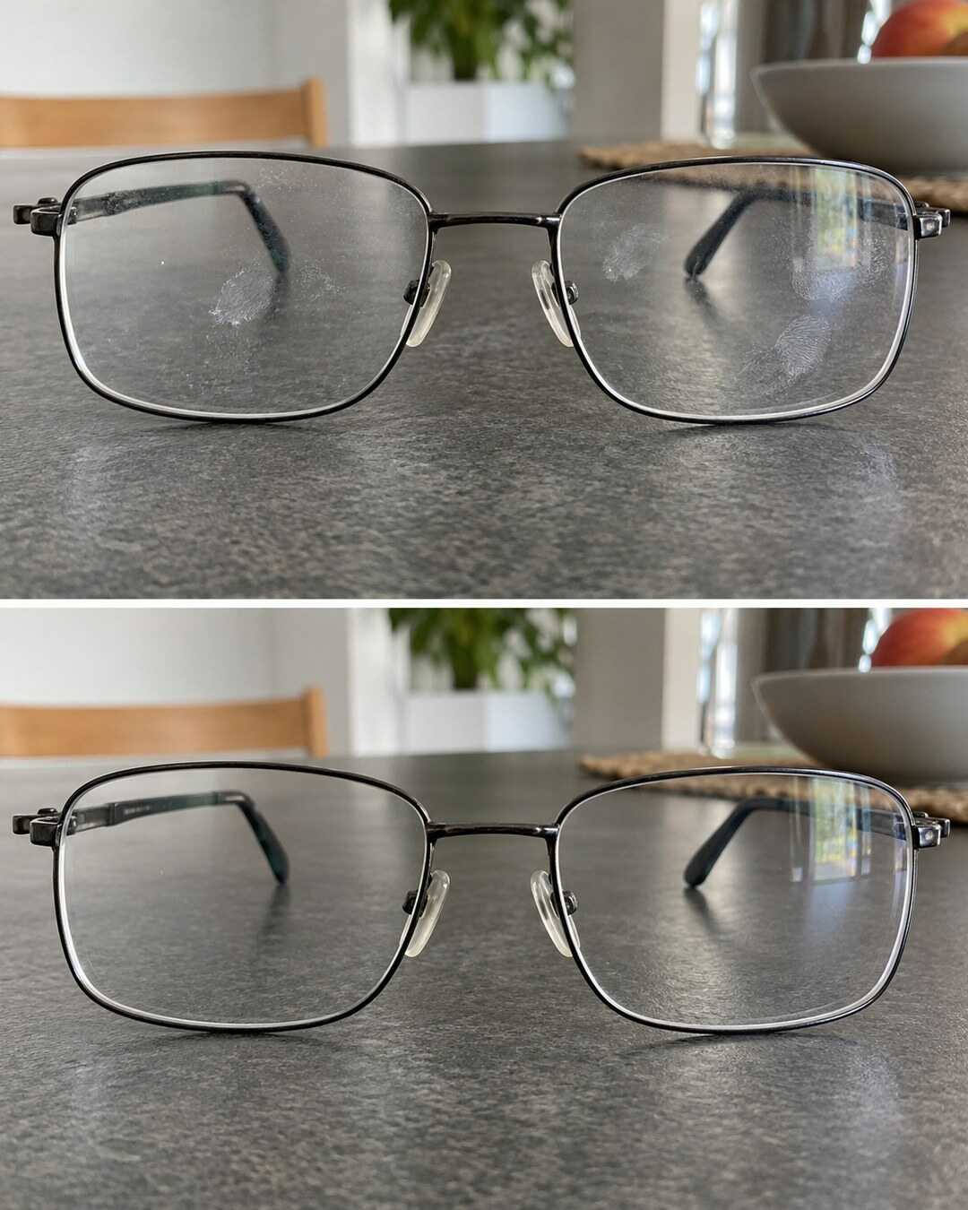 Fettspuren auf der Brille? So reinigst du die GlĂ€ser ohne trockenes Reiben â illustrative GegenĂŒberstellung vor und nach der Reinigung