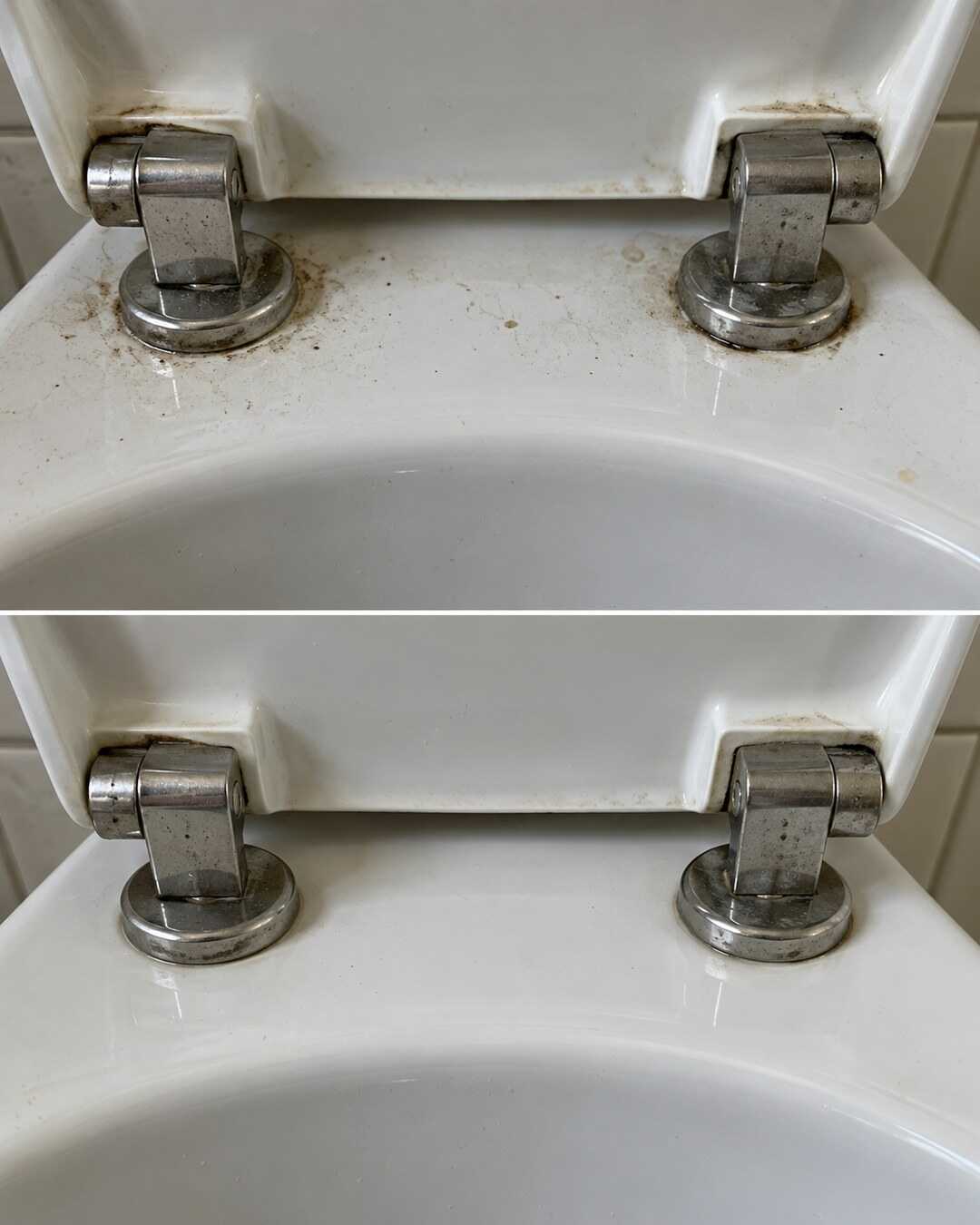 Schmutzränder an den WC-Scharnieren? So reinigst du die erreichbaren Stellen mild – illustrative Gegenüberstellung vor und nach der Reinigung