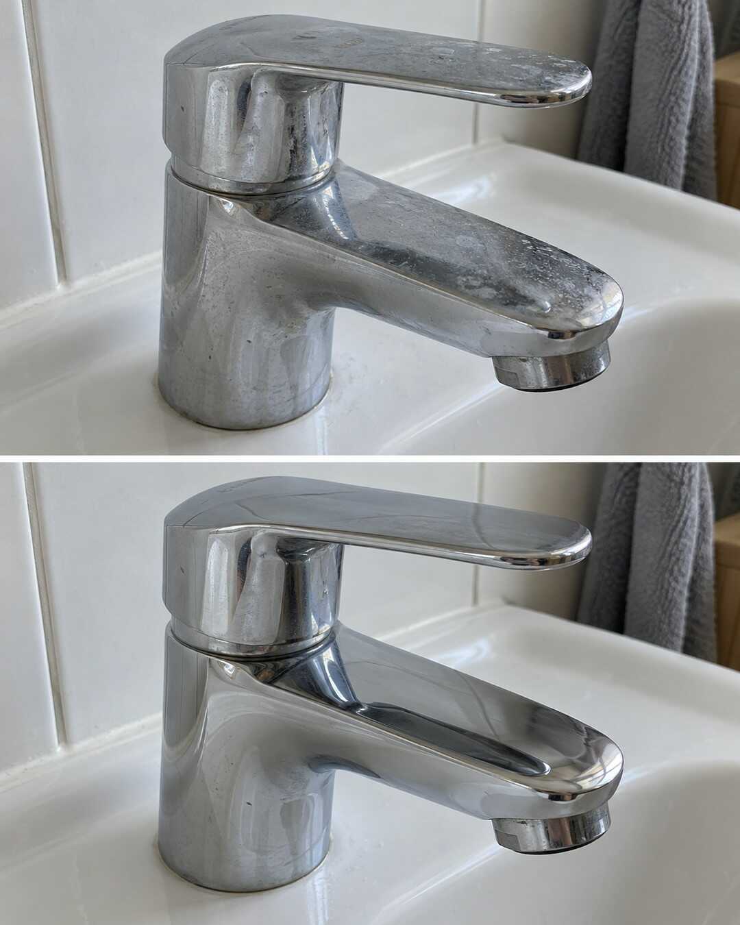 Wasserflecken am Chromhahn? So wird die Armatur wieder gepflegt sauber – illustrative Vorher-nachher-Darstellung