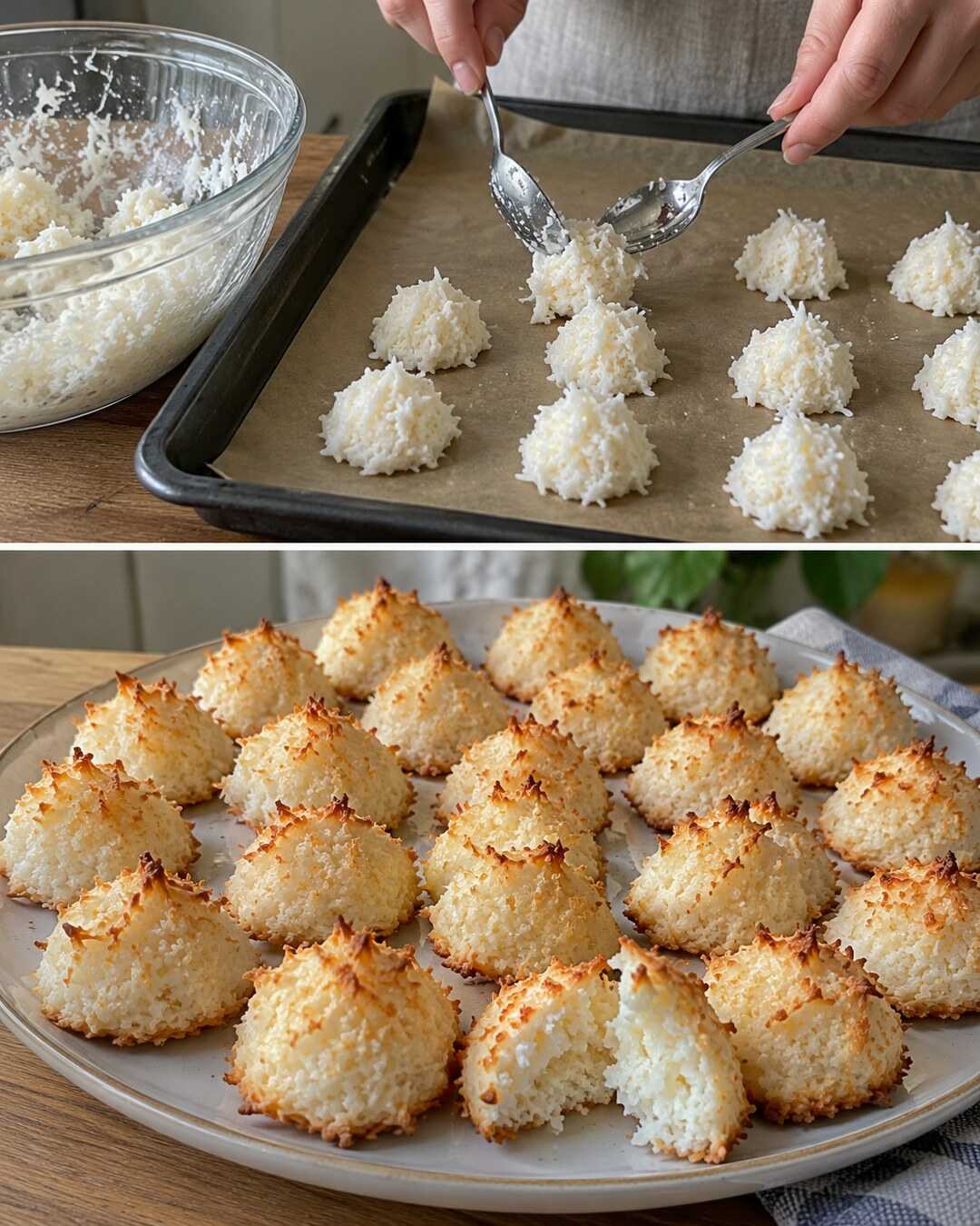 Kokosmakronen mit goldenen Spitzen â Vorbereitung und fertiges Gericht
