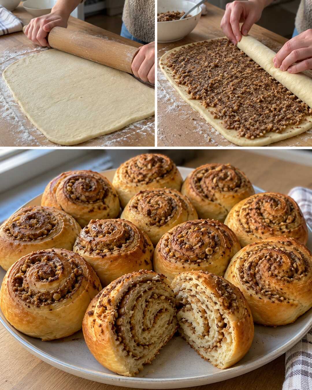 Nussschnecken aus unkompliziertem Quarkteig – Vorbereitung und fertiges Gericht