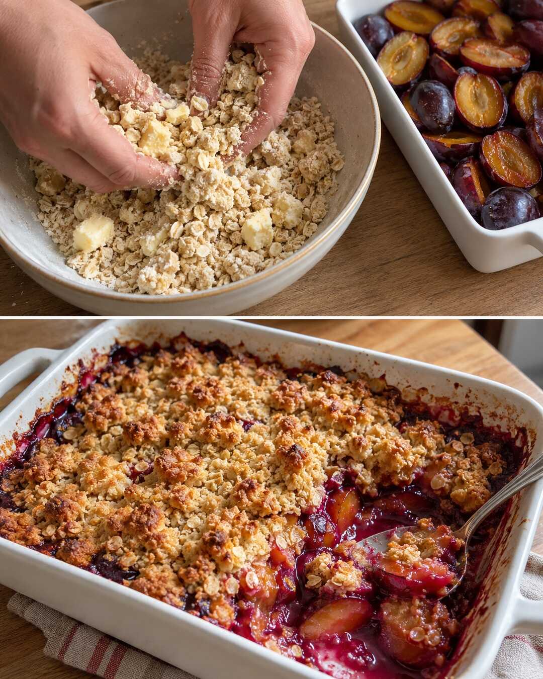 Warmer Pflaumen-Crumble mit Haferstreuseln â Vorbereitung und fertiges Gericht