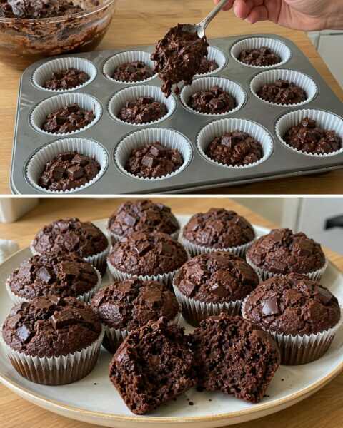 Saftige Schokomuffins mit dunklen Stückchen